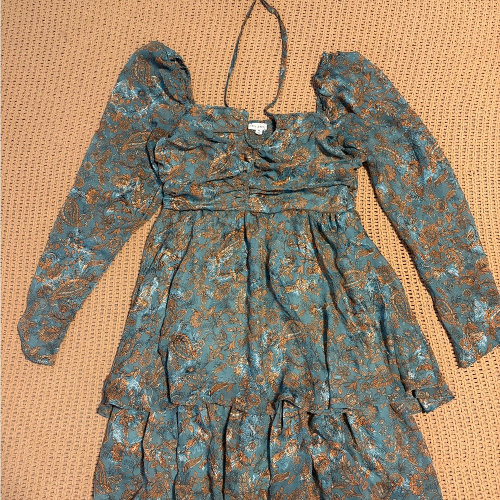 Blu Pepper Teal and Bronze Floral Peasant Blouse